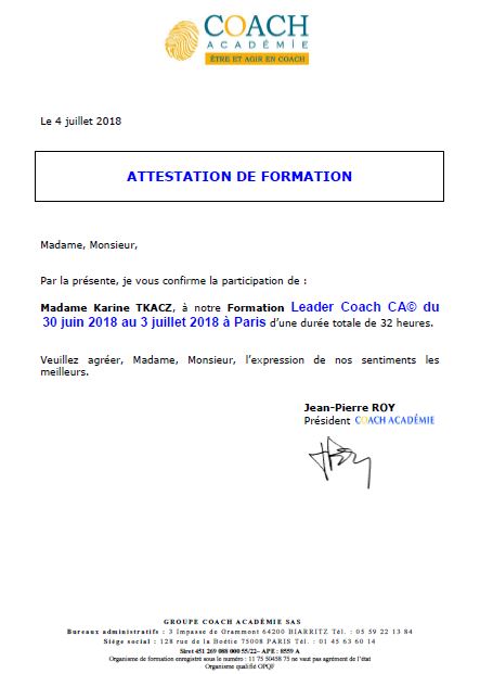 Attestation de formation LEADER COACH école Coach Académie